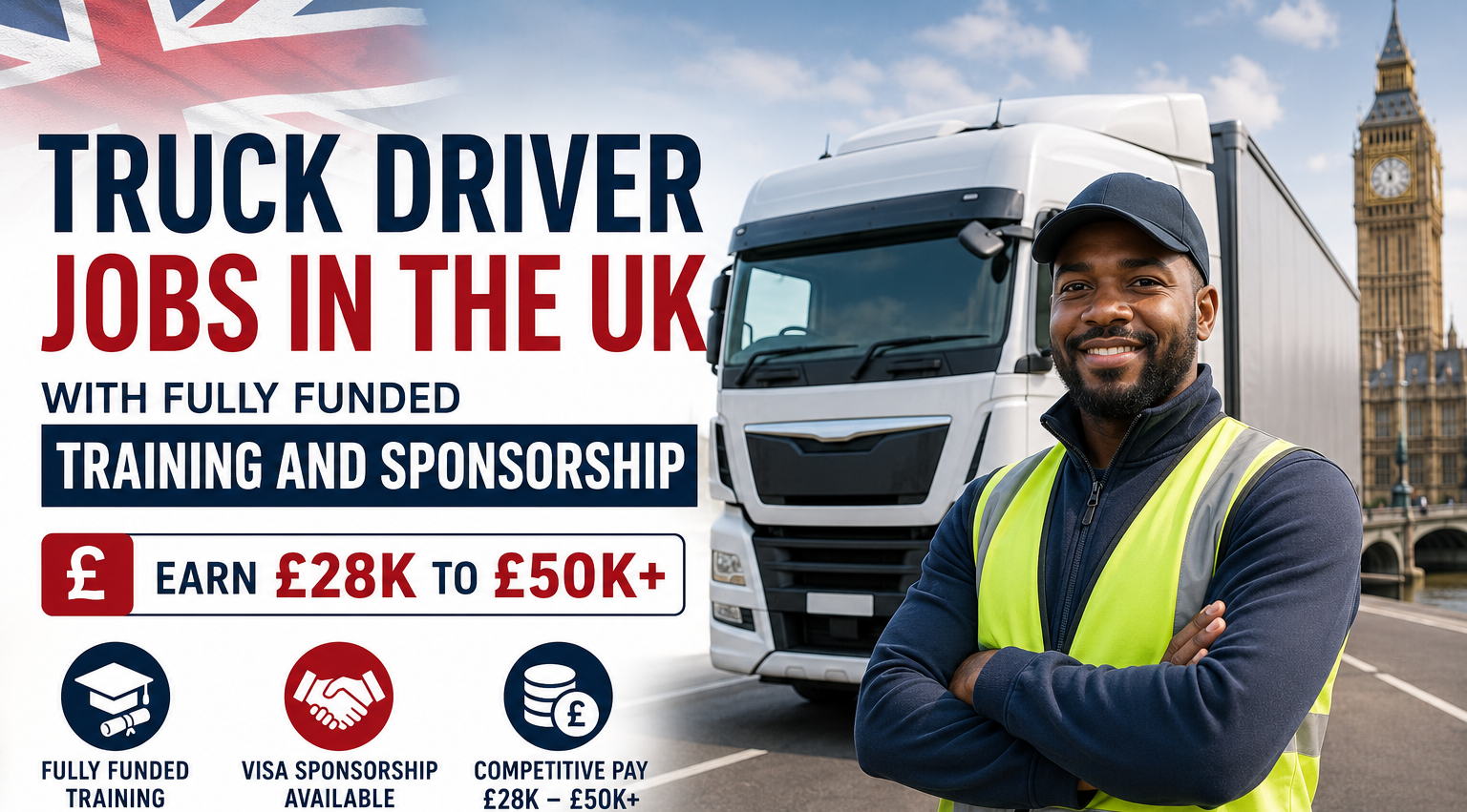 Truck Driver Jobs in the UK with Fully Funded Training and Sponsorship – Earn £28k to £50k+